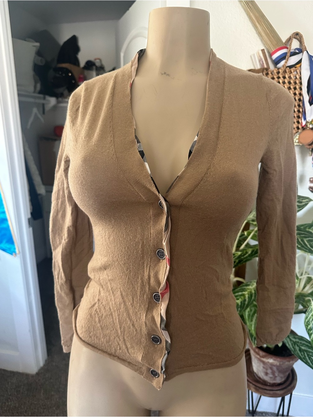 Burberry Camel Brown V-Neck Button-Front Cardigan